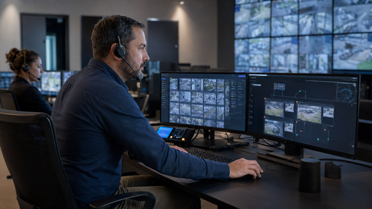 A man in a dark blue shirt wearing a headset sits at a desk in a control room, looking at dual computer monitors showing security camera feeds. Another person is visible in the background, and a large video wall displays multiple screens in the room.