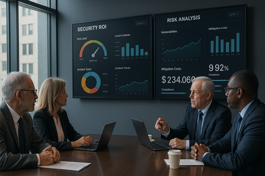 Boardroom with executives reviewing risk dashboards – C-suite leaders analyzing security ROI metrics on digital dashboards