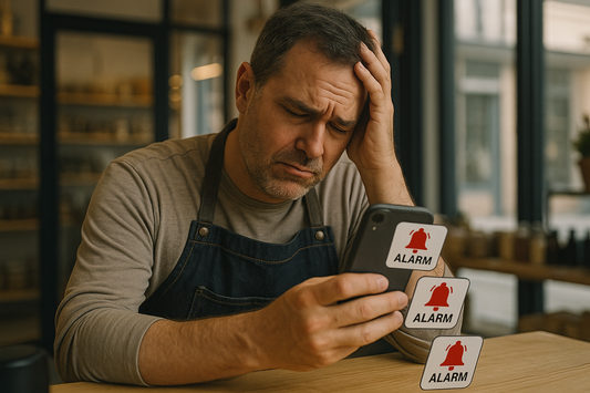 Business owner stressed with alarm notifications on phone – realistic, 16:9 – alt="Small business owner overwhelmed by constant false alarms