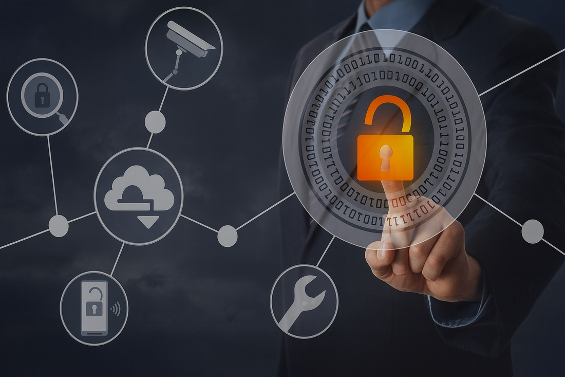 Business professional touching a glowing orange padlock icon on a futuristic digital interface, surrounded by connected icons of CCTV, cloud storage, mobile security, and tools, symbolizing the convergence of cyber and physical security.
