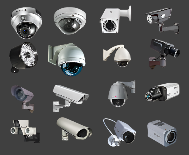 all different cctv security camera models- dome, bullet, PTZ 