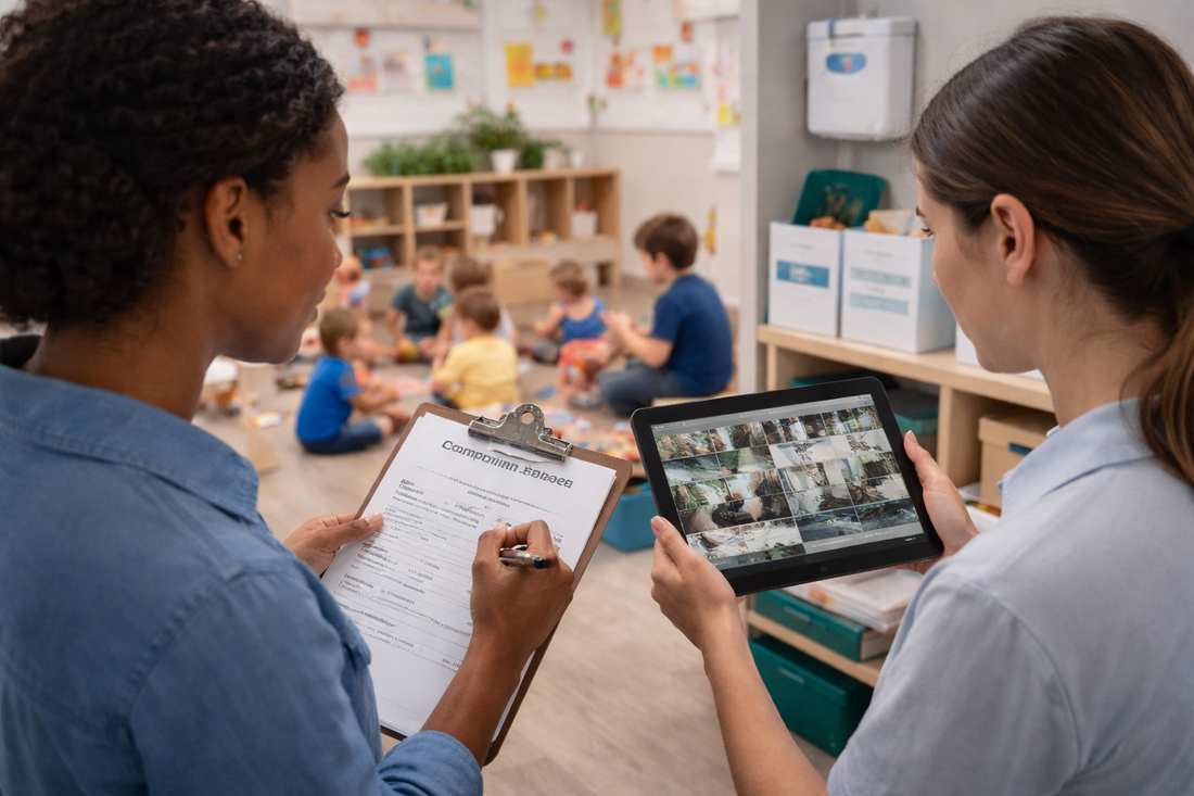 Childcare staff reviewing documentation and classroom video in a bright daycare setting, representing compliance, incident review, and operational oversight