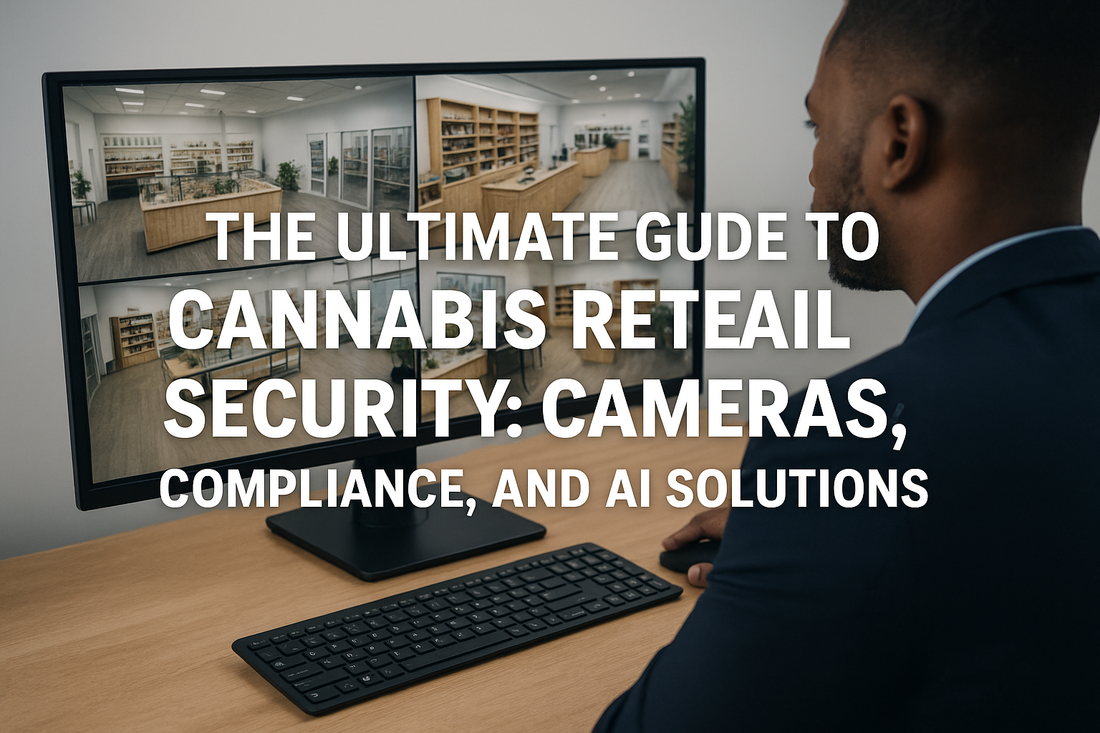 A security professional monitors multiple live camera feeds of a cannabis retail store on a desktop screen, highlighting advanced surveillance systems used in cannabis retail security.