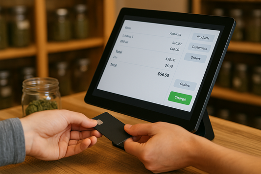 A point-of-sale (POS) system screen at a cannabis dispensary displays a purchase transaction, while a customer hands a black credit card to the cashier, with cannabis jars and products in the background.