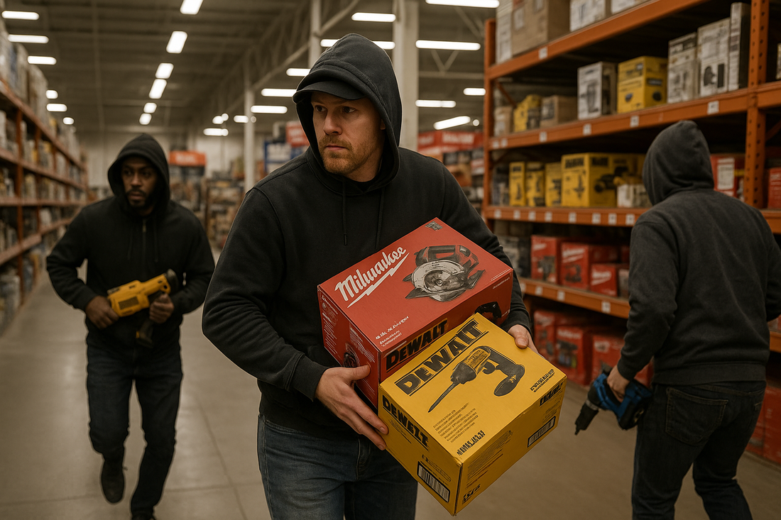 Organized retail crime gang stealing power tools from a hardware store