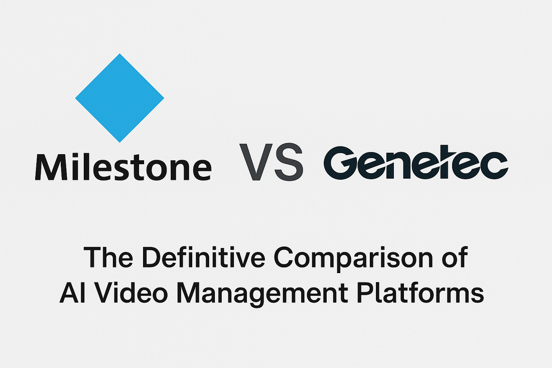 Side-by-side comparison of Milestone and Genetec AI video platforms with logos