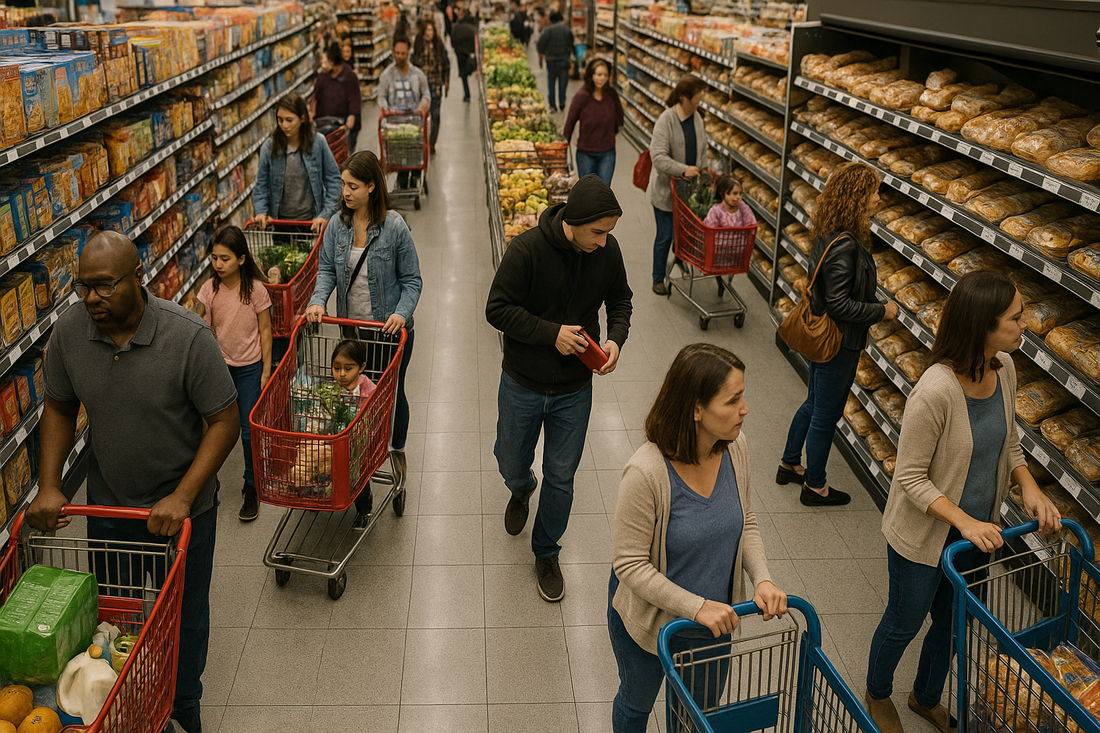Overhead view of a crowded supermarket aisle with shoppers pushing carts; one man in a black hoodie discreetly hiding an item under his jacket while others shop unaware