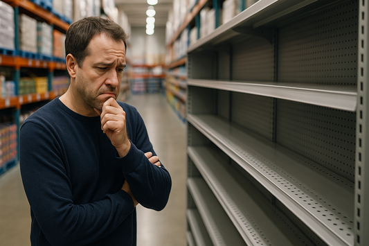 A middle-aged man stands in a large retail warehouse aisle, staring regretfully at empty metal shelves, with rows of stocked goods visible in the background.