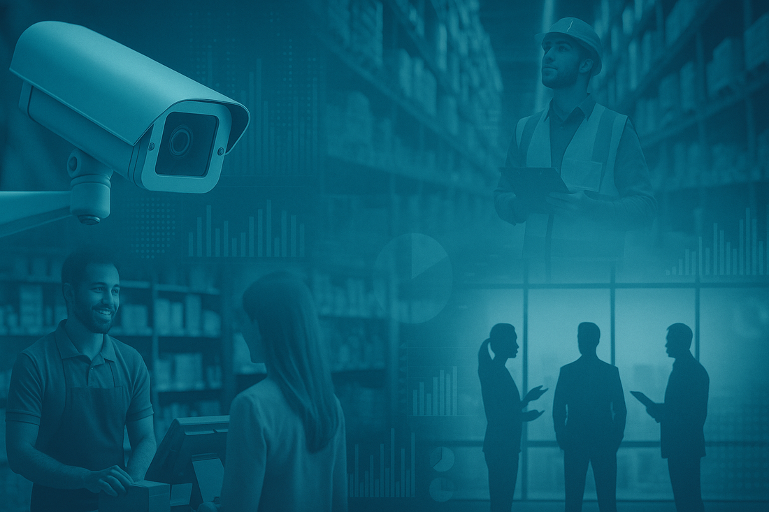 A digital composite showing a surveillance camera alongside retail, warehouse, and office environments, overlaid with abstract data graphics to represent business intelligence and video analytics.