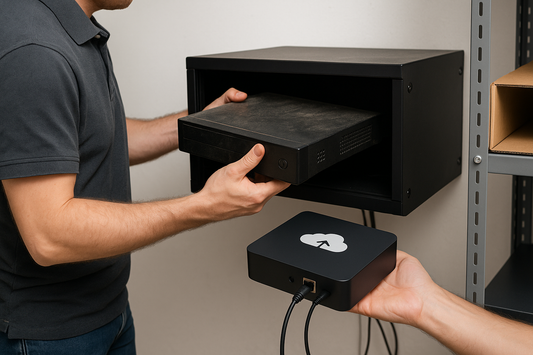 Retail staff replacing outdated NVR with modern AI cloud surveillance box