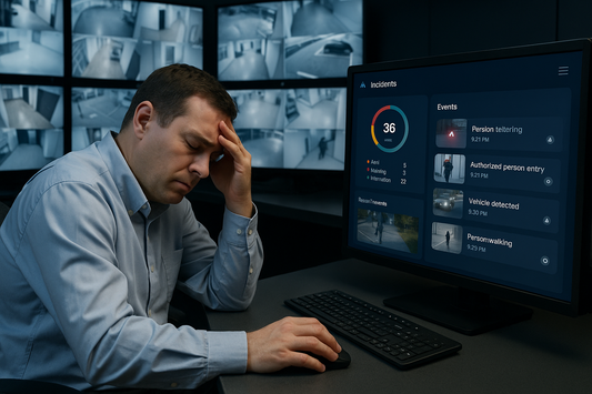 AI monitoring dashboard assisting overwhelmed human video operator in control room
