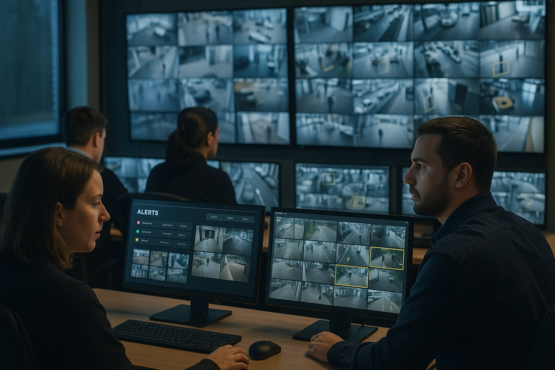 Monitoring agents watching filtered AI alerts in a control room with live video feeds on multiple screens