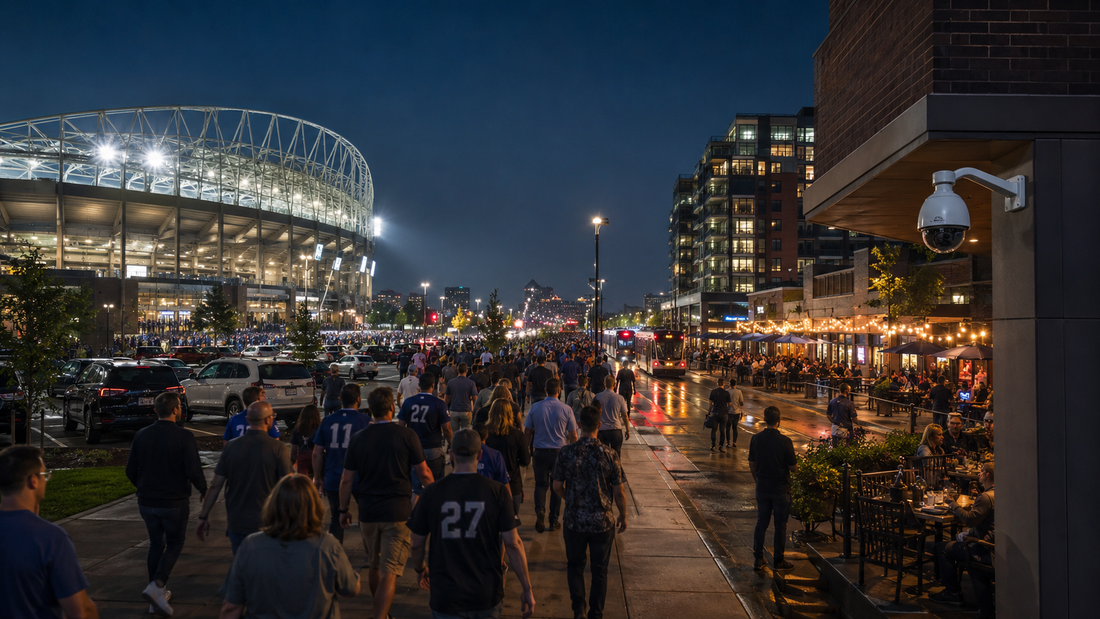 Crowds leaving a major sports event near restaurants, parking lots, and mixed-use buildings while security cameras monitor event spillover risks.