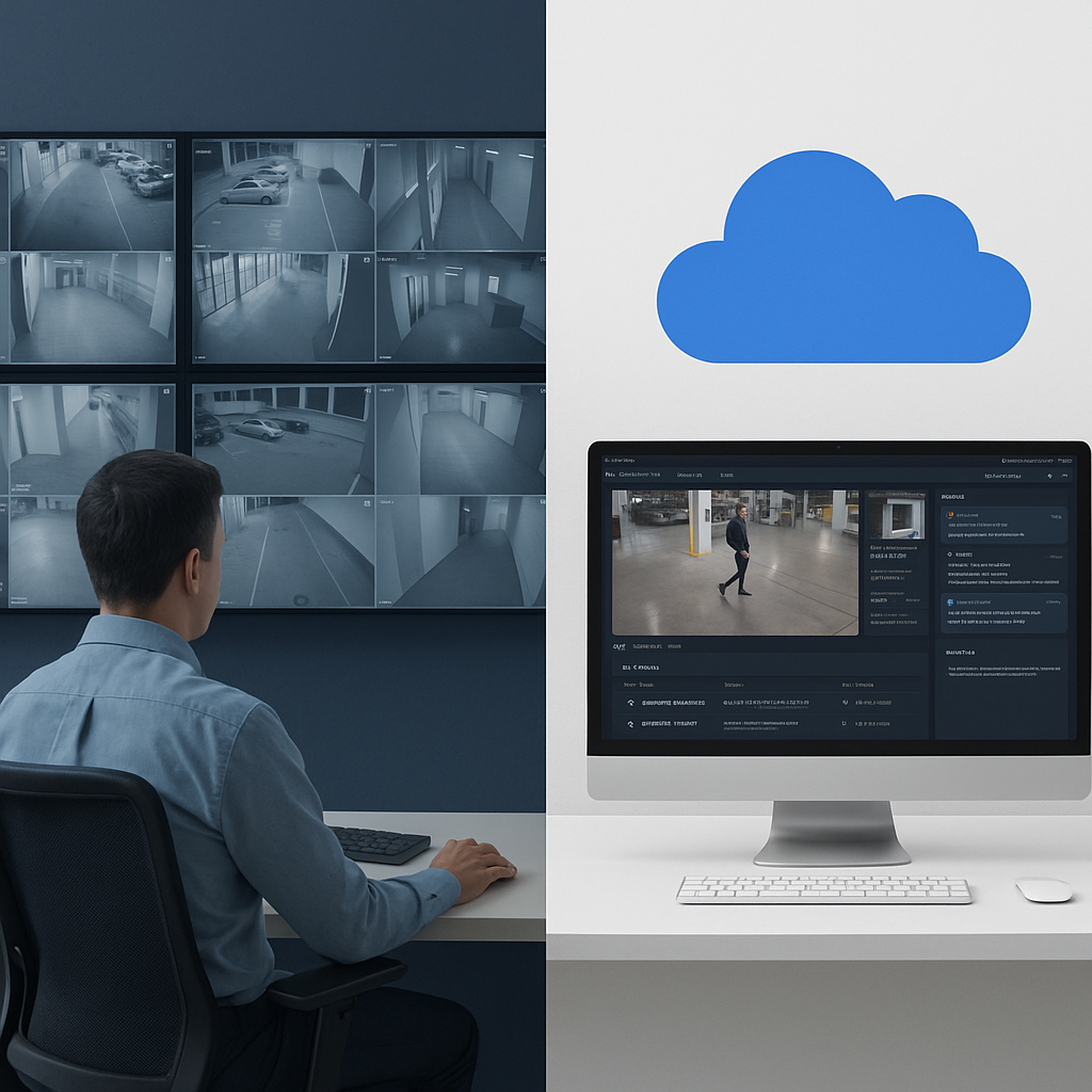 traditional 24/7 security monitoring vs modern cloud-based AI surveillance. 