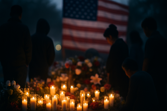 People gathered at a candlelight vigil at dusk, surrounded by glowing candles and flowers, with an American flag softly visible in the background, symbolizing mourning and unity after a mass shooting tragedy.
