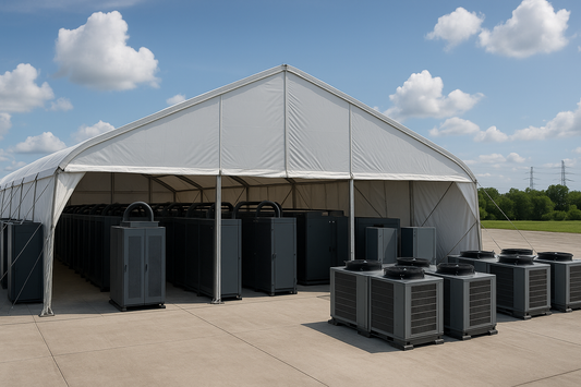 Large white tent-style data center with metal arches, housing rows of server racks and cooling units, set on an industrial lot with outdoor HVAC equipment and power lines in the background.