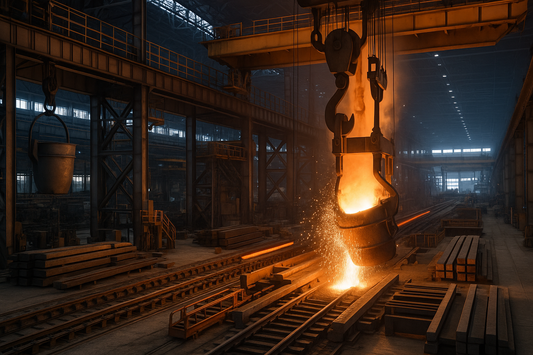 Large steel manufacturing factory with molten metal pouring from an overhead ladle furnace, sparks flying across the industrial floor, surrounded by steel beams, tracks, and heavy equipment.