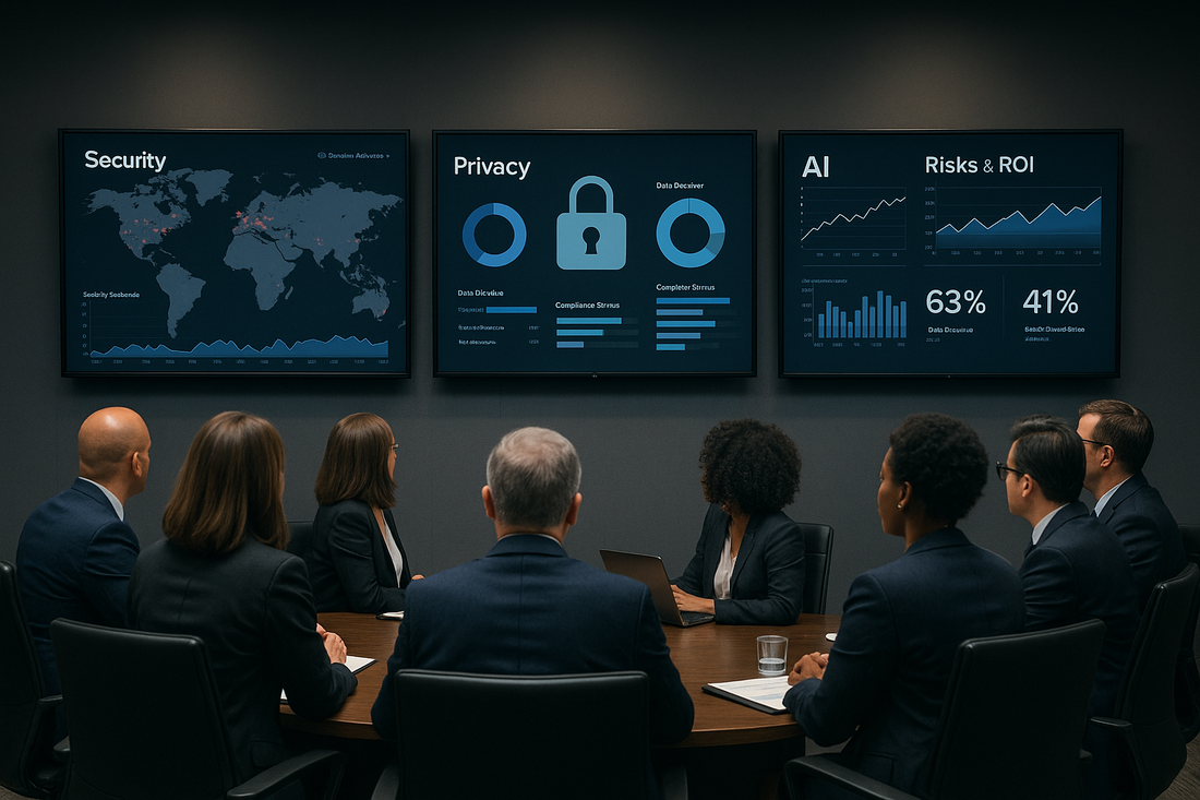 Executive war room with live threat map – Boardroom viewing security, privacy, and AI risk dashboards in real time