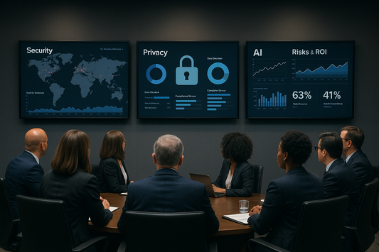 Executive war room with live threat map – Boardroom viewing security, privacy, and AI risk dashboards in real time