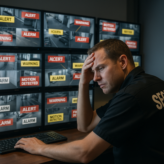 Person in a security monitoring room with multiple screens displaying alerts.