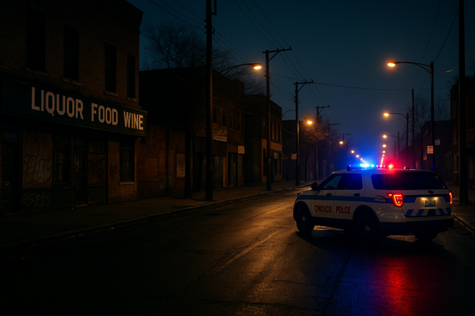 Chicago Englewood street with flashing police lights highlighting crime scene atmosphere