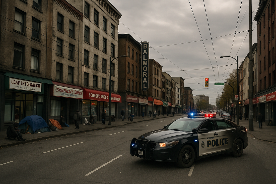 Vancouver Downtown Eastside neighbourhood with visible homelessness and police presence