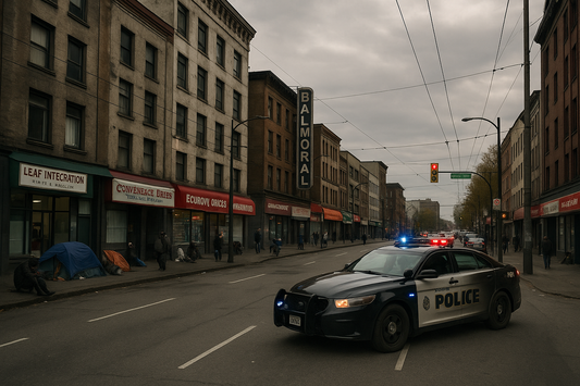 Vancouver Downtown Eastside neighbourhood with visible homelessness and police presence