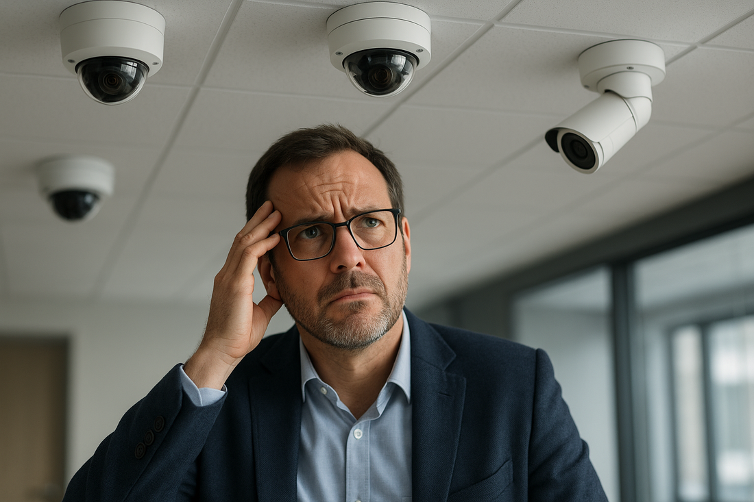 Frustrated IT director staring at bolted ceiling cameras – realistic, 16:9 – alt="Security leader trapped by proprietary CCTV hardware and forced software license