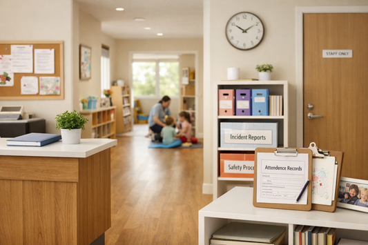 Modern childcare center interior with a calm, organized environment representing incident documentation, compliance readiness, and privacy-conscious operational oversight.