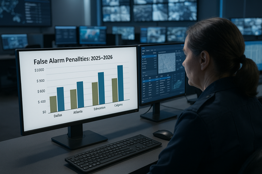 Dispatch supervisor analyzing rising false alarm penalties across Dallas, Atlanta, Edmonton, and Calgary.
