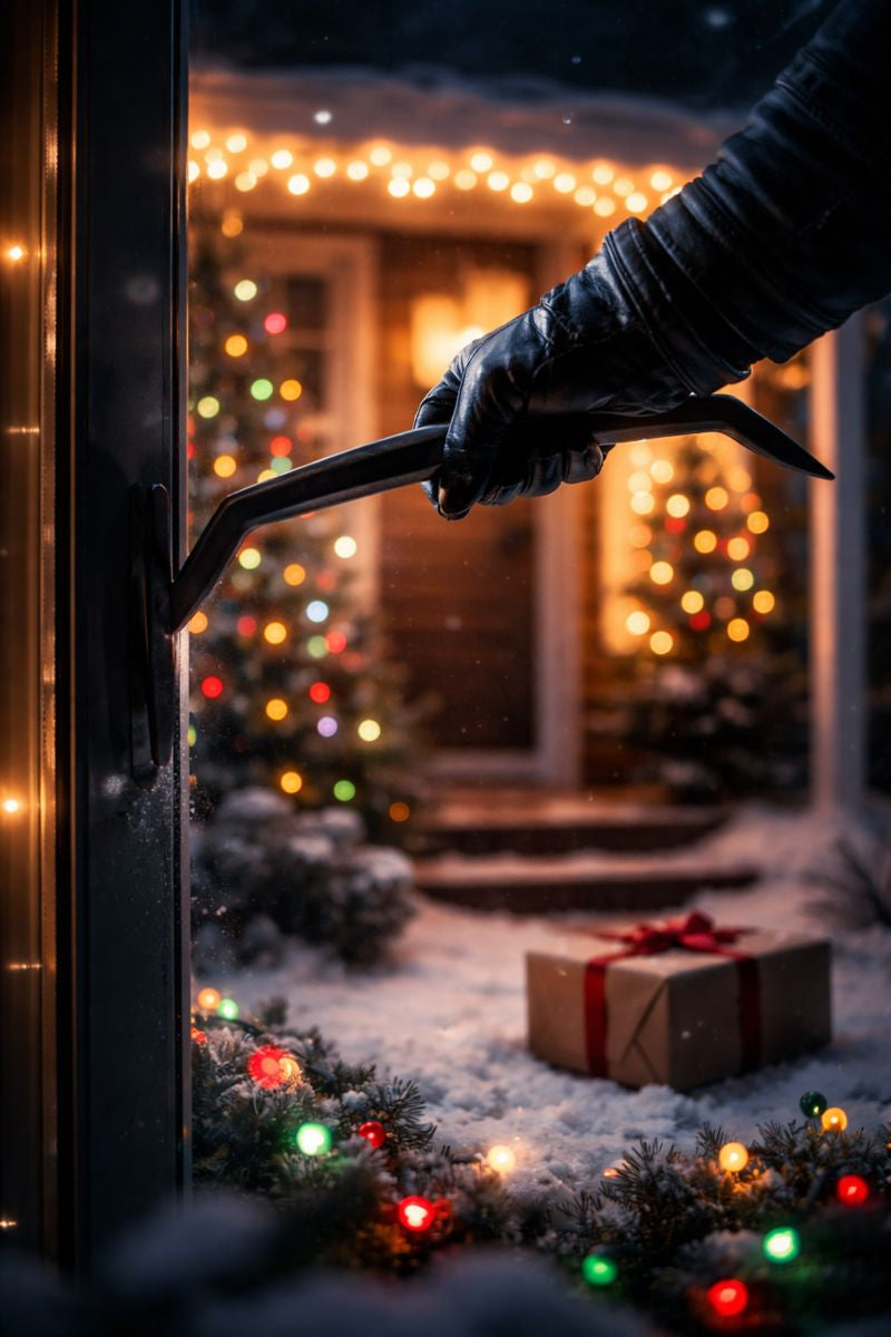 Close-up of a gloved hand prying open a door at night outside a holiday-decorated home, with blurred Christmas lights and a wrapped package on snowy ground—dramatic, high-contrast scene suggesting “holiday risk” and hidden threats