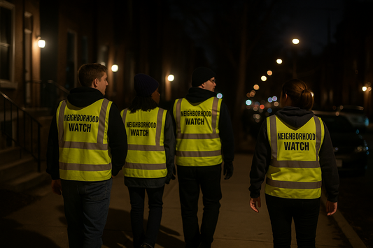 Neighborhood watch volunteers walking in U.S. city block at night