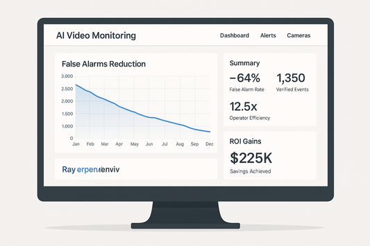 Dashboard displaying false alarm reduction and ROI gains with AI video monitoring
