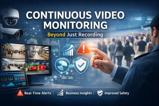 Conceptual hero image showing a modern security operator dashboard with multiple camera feeds and analytics-style icons, representing continuous video monitoring, real-time verification, and turning video into operational insights.