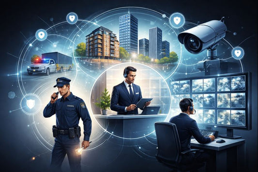 Conceptual illustration showing a security guard, concierge, and remote monitoring operator connected through a network of cameras and protected sites.