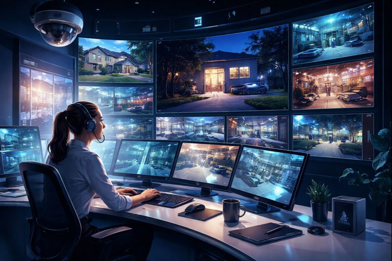 proactive remote video monitoring in a modern control room—an operator wearing a headset monitors multiple live camera feeds across residential and commercial sites on large wall screens, with a sleek desk setup a cool blue, high-tech atmosphere.