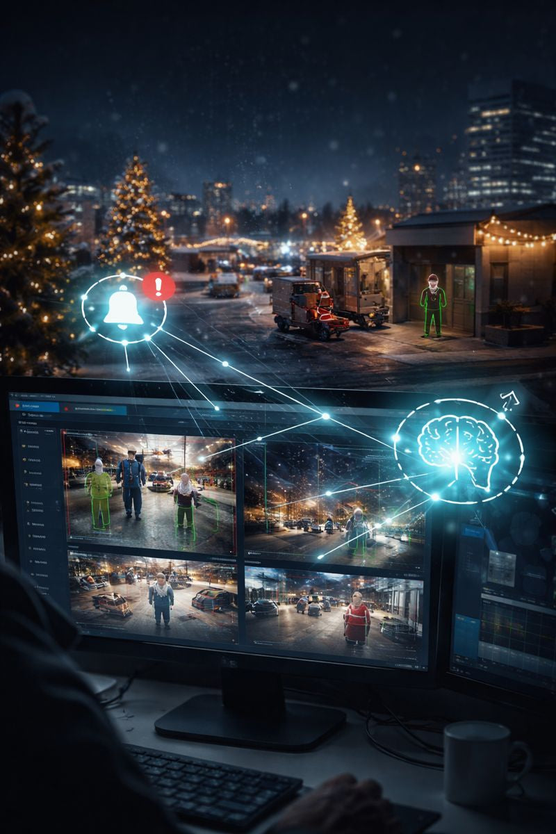 Conceptual winter night security scene: a remote video monitoring workstation with multiple camera feeds as abstract AI “brain” and alert icons connect via glowing lines to a snowy, holiday-lit property 