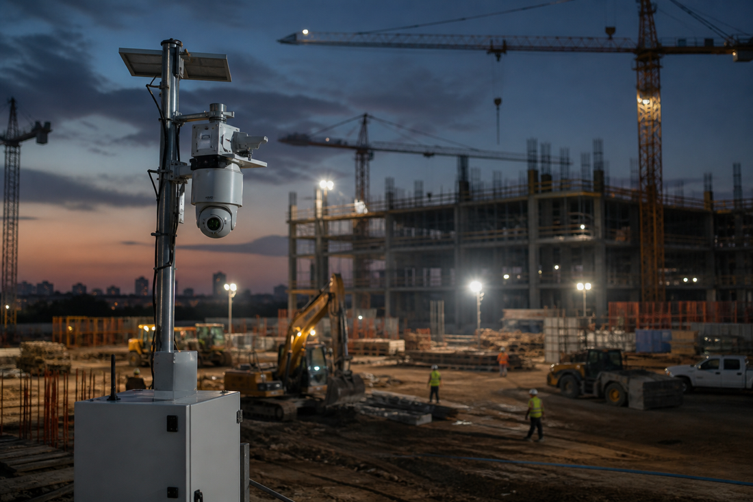 Realistic construction site at dusk with a mobile CCTV surveillance tower, cranes, heavy equipment, workers, and active lighting for remote video monitoring.