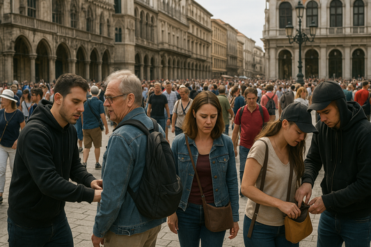 [IMAGE: Crowded European plaza with pickpocket gangs blending into tourists – realistic, 16:9 – alt="Organized pickpocket gang operating in a busy tourist square"]