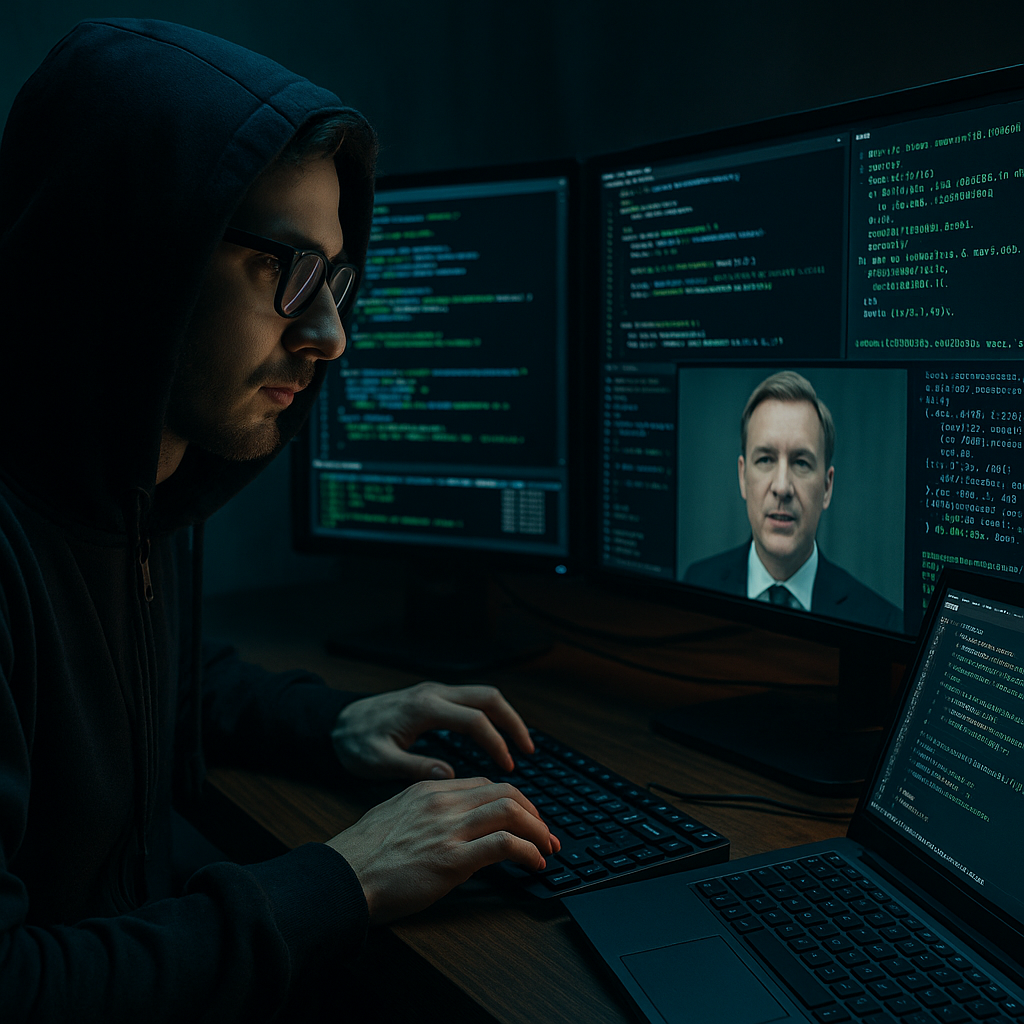 A hacker using multiple screens with AI-generated code and deepfake face
