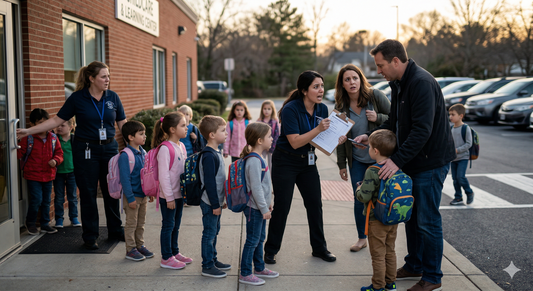 Teachers and parents greeting students outside a school building.