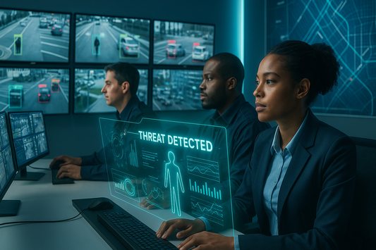 Diverse team of security operators in a modern command center using AI-powered video monitoring with holographic “Threat Detected” interface and multiple surveillance feeds on wall screens.