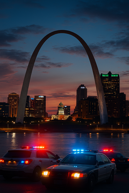 Downtown St. Louis skyline at dusk with the Gateway Arch illuminated against a vivid sunset; police cars with flashing red and blue lights reflect off the Mississippi River, symbolizing the city’s rise in violent crime in 2025.