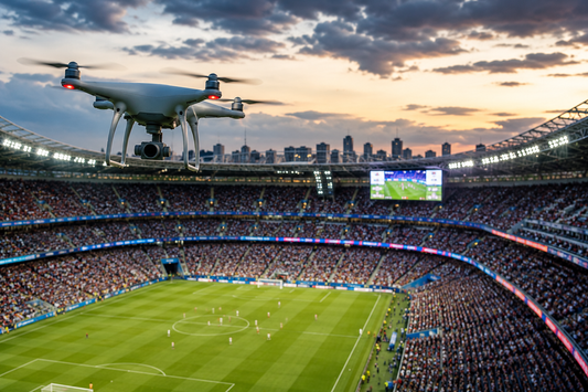 Drone flying over a soccer stadium with a city skyline in the background
