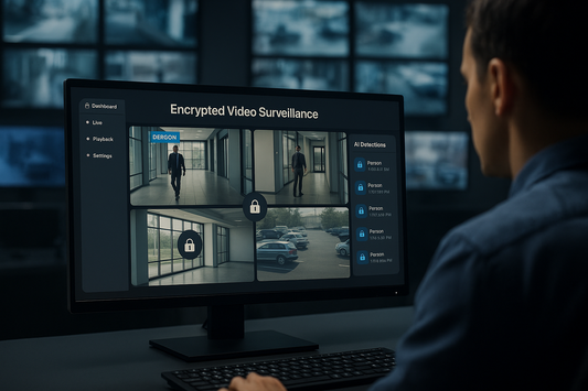 Encrypted video surveillance interface showing AI detections and lock icons