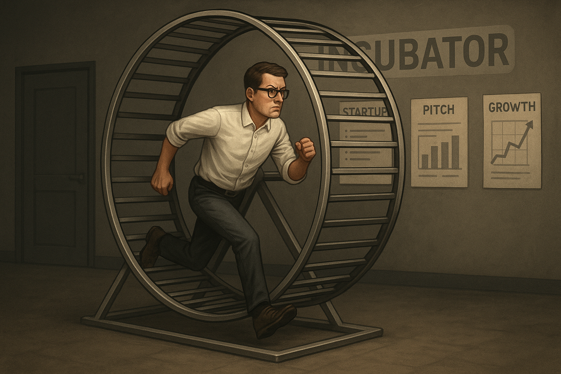 Entrepreneur running on a giant metallic hamster wheel inside an incubator office, symbolizing the repetitive and exhausting cycle of startup accelerators.
