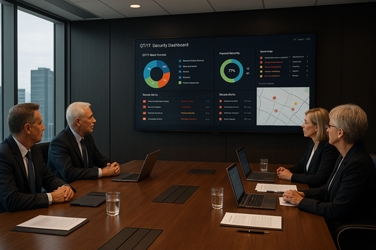 Executive boardroom with security dashboard showing taxonomy-aligned OT/IT/physical assets – Unified taxonomy driving executive-level security visibility