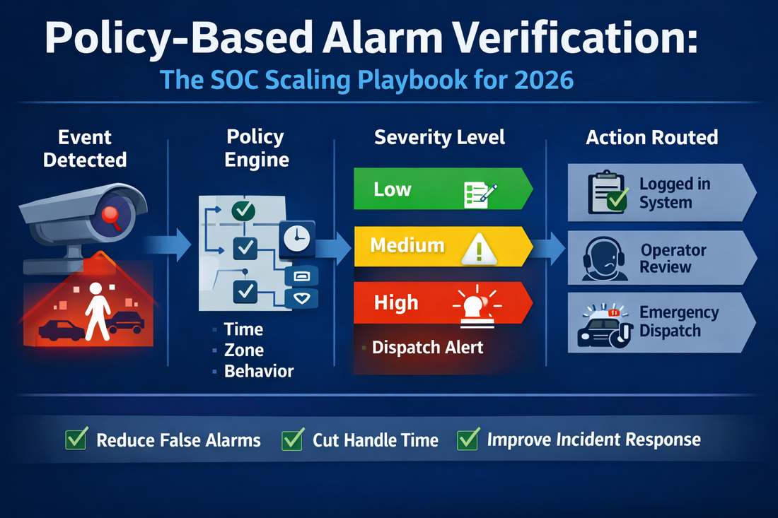 Policy-based alarm verification flow showing event detection, policy engine, severity levels, and routed actions.