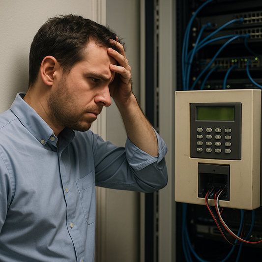 Man in a blue shirt looking stressed in front of a control panel with wires.
