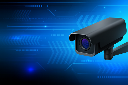 Futuristic CCTV security camera with glowing blue digital background, arrows, and circuit-style graphics symbolizing AI-powered surveillance technology